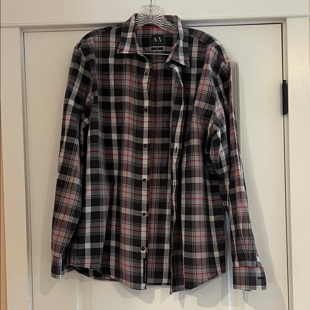 A|X Armani Exchange Men’s Black, Gray & Red Plaid Button-Down Shirt